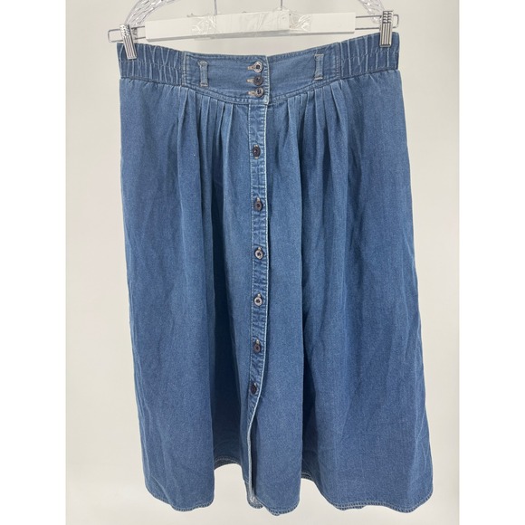 Vintage Koret City Blues Denim Skirt 36 Womens Button Front Pockets Elastic - Picture 1 of 16